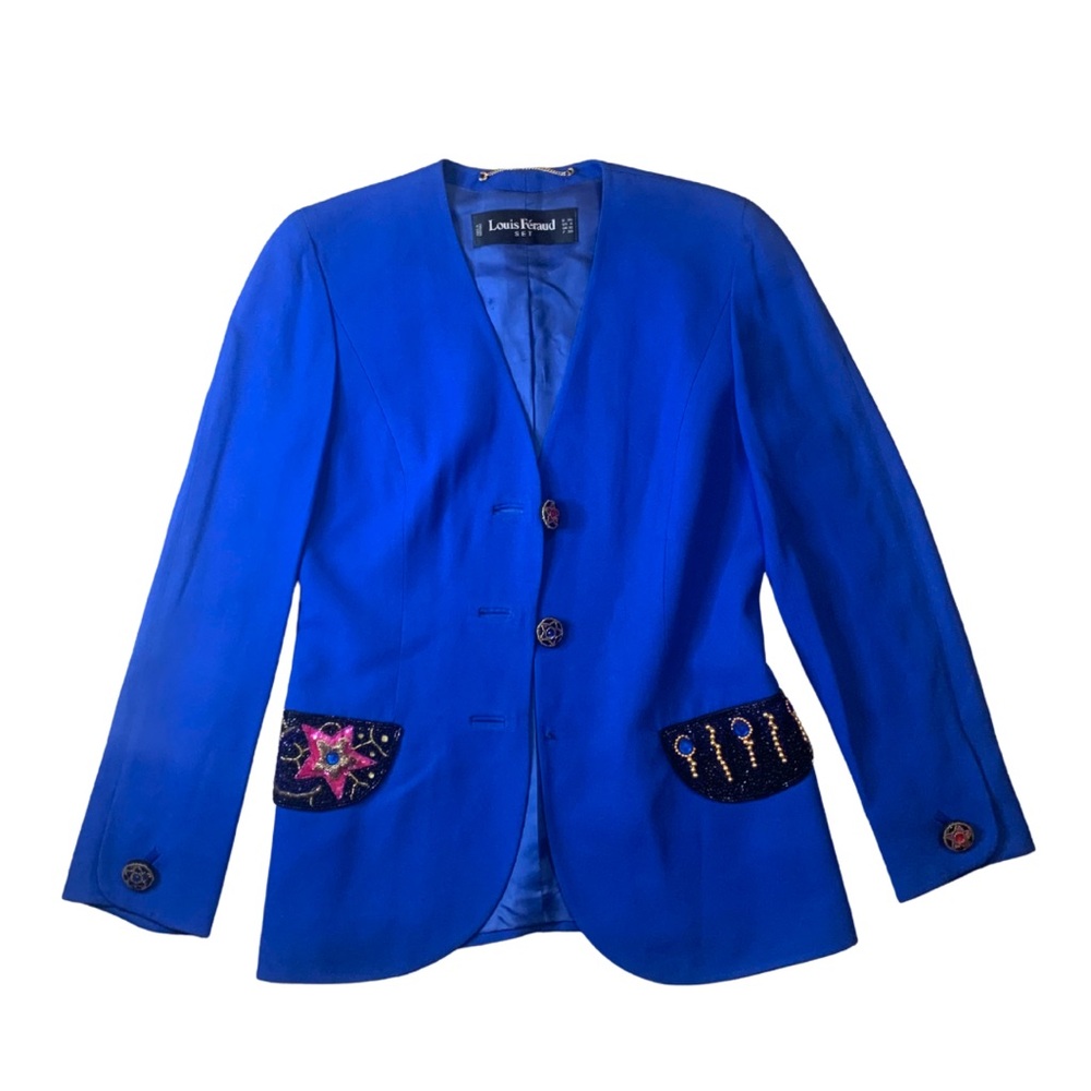 Vintage 90s Louis Feraud Royal Blue Blazer Suit Jacket Size 6